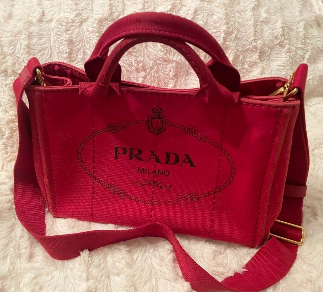 Authentic PRADA Canapa Canvas Tote Hand Bag S Red  VG