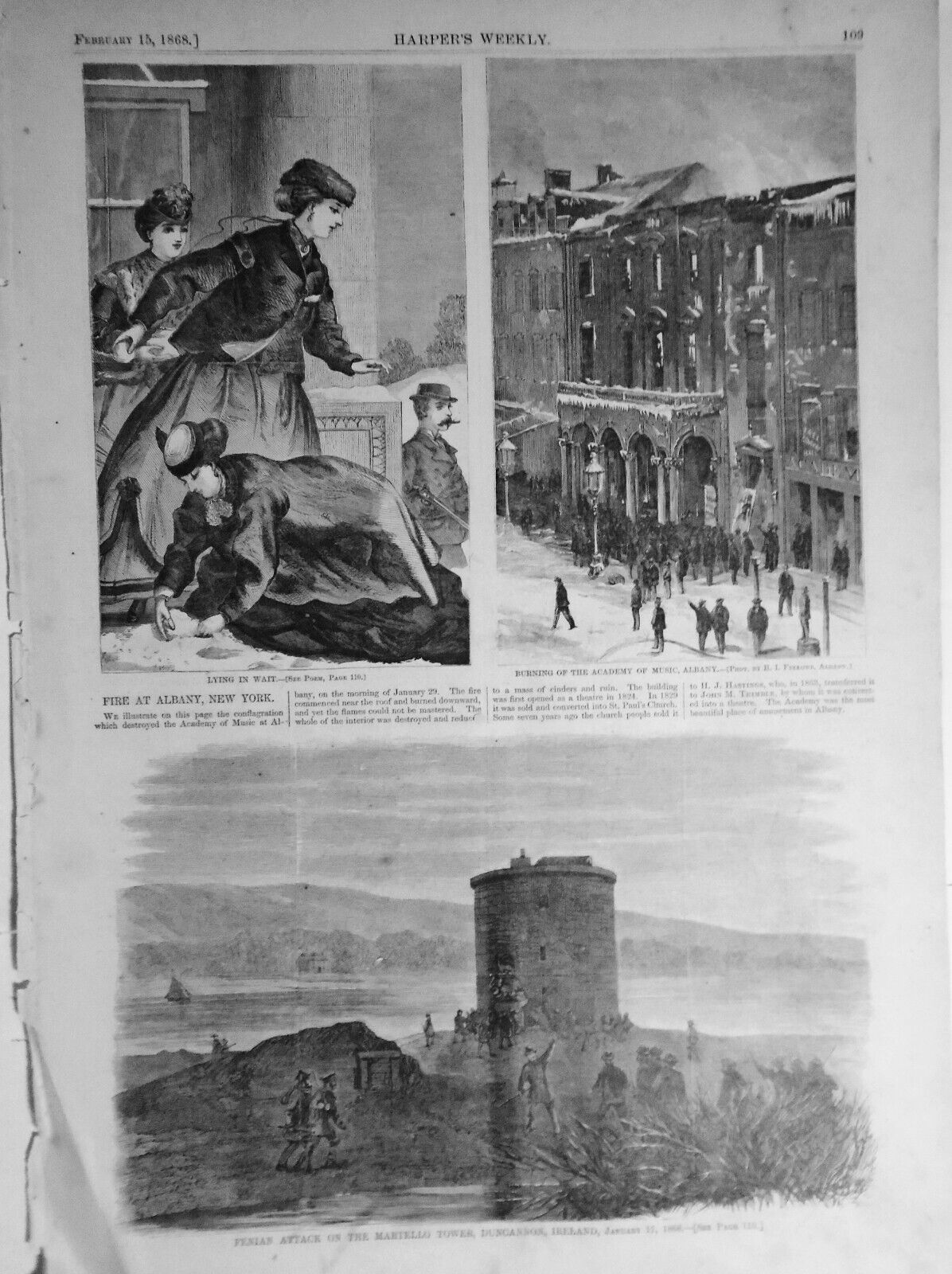 Burning Of The Academy Of Music, Albany / Fenian Attack .. Harper\'s Weekly 1868
