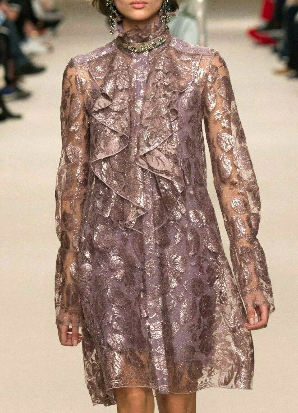 $4,830 LANVIN Victorian Metallic Lace Couture Ruffle Runway Dress US 0 2 / FR 34