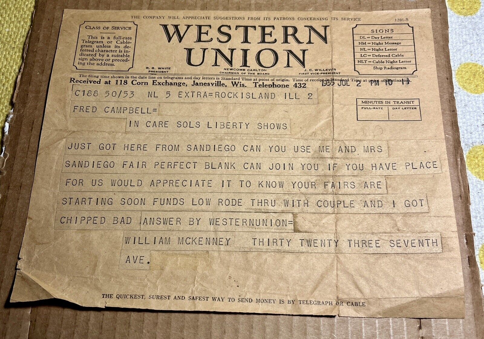 SCARCE 1935 WESTERN UNION TELEGRAM SOL’S LIBERTY SHOWS TRAVELING CARNIVAL WORK