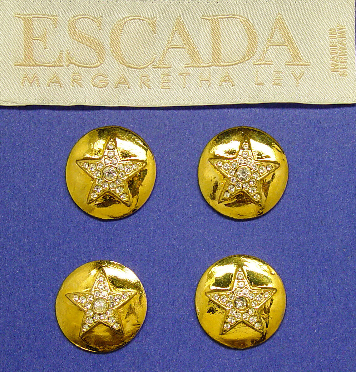  4 ESCADA BIG RHINESTONE STAR GOLD TONE METAL REPLACEMENT BUTTONS GOOD USED COND