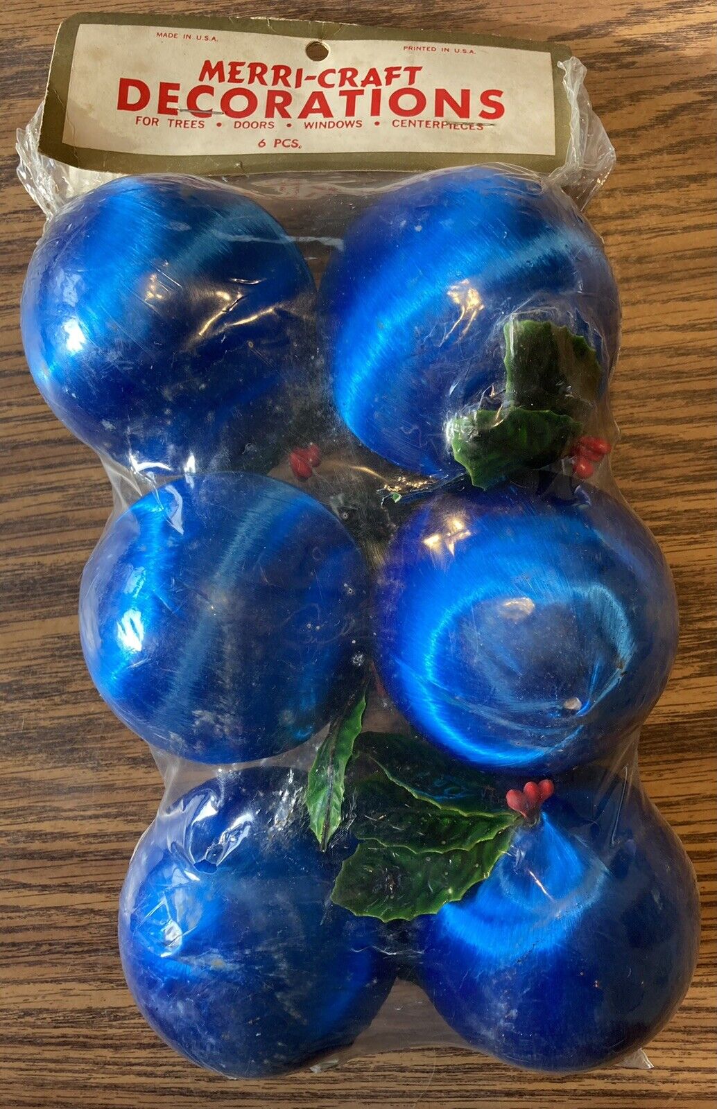 Vintage Merri-Craft Christmas Ornaments 6 Bulbs Blue Shiny Satin NOS USA Made