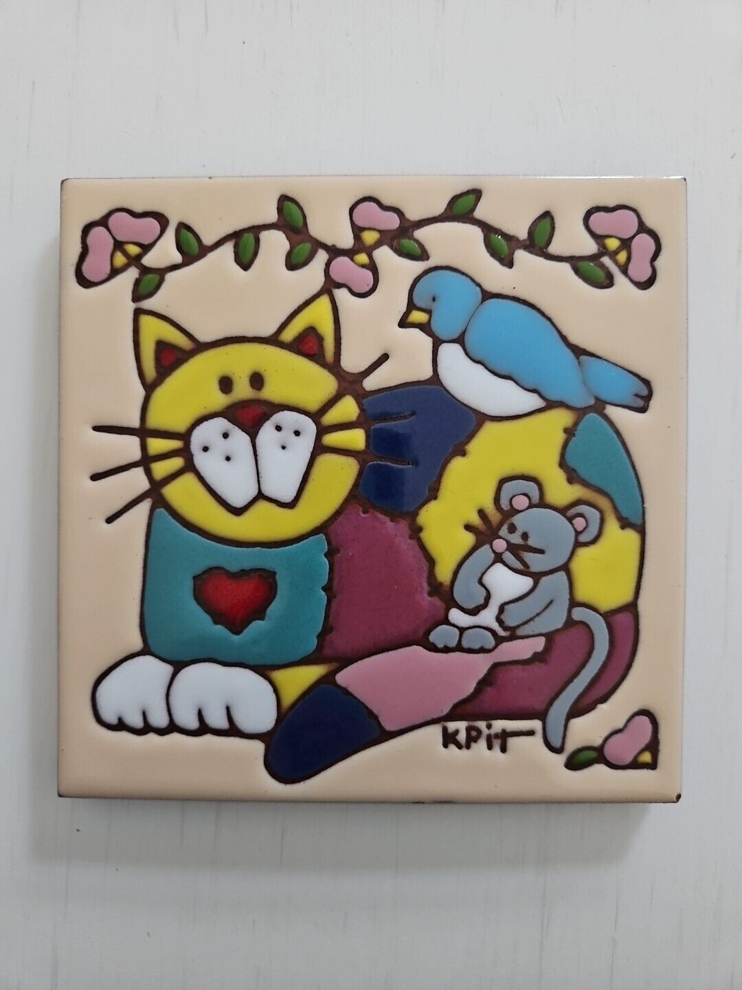 VTG Earthtones Friends Ceramic Tile Trivet Cat Bird Mouse Made In USA Signed 