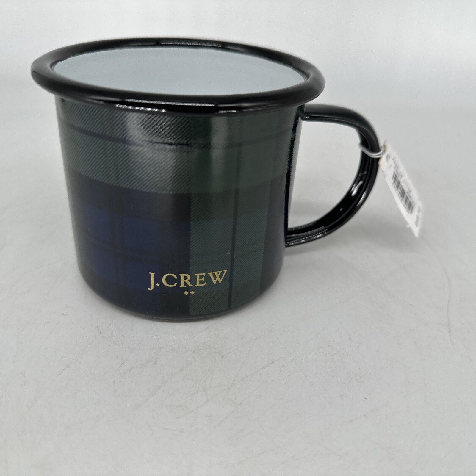J Crew J. Crew Enamel Navy & Green Tartan Plaid Tin Mug With Gold Tone Logo