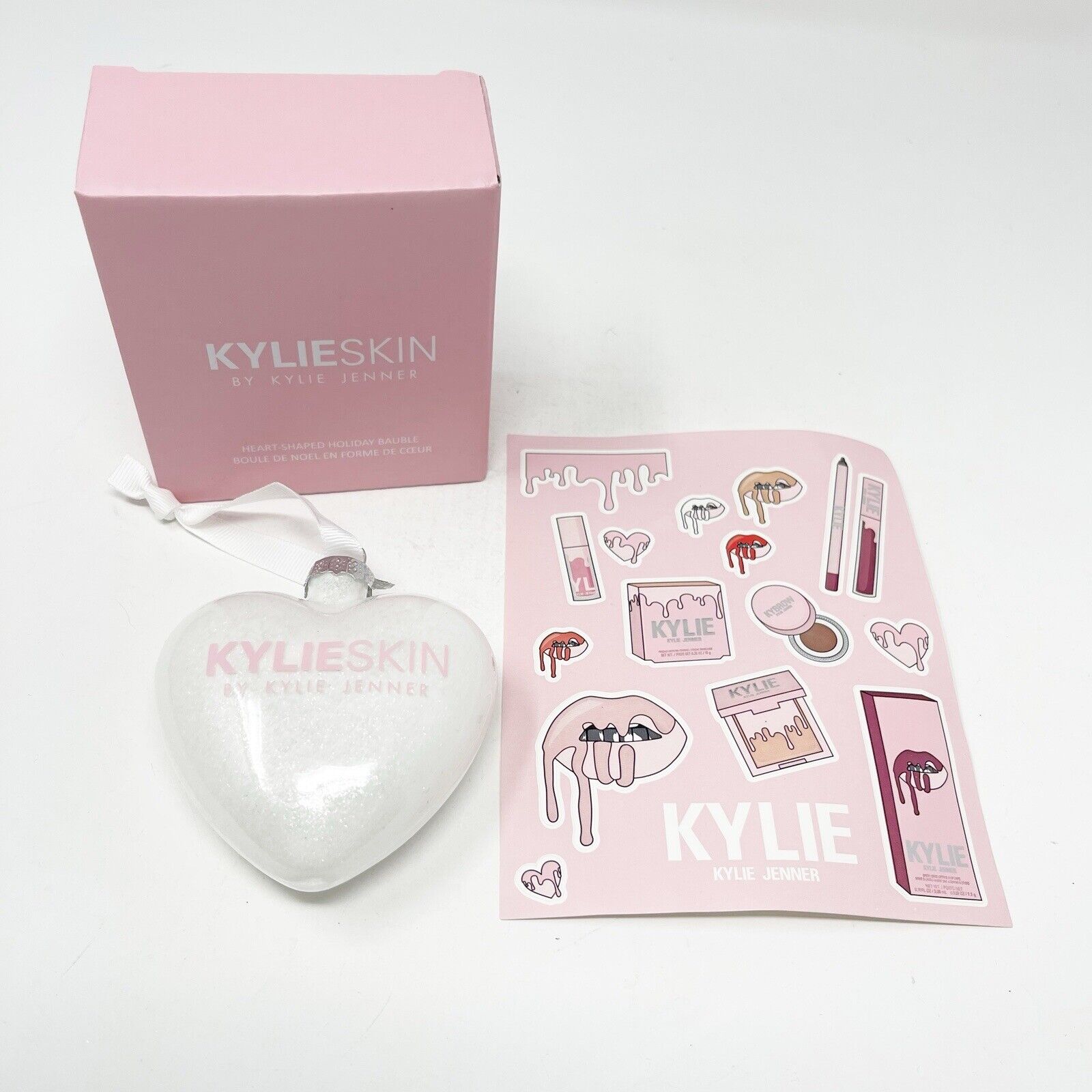 Kylie Skin Heart Shaped Holiday Bauble Ornament White Sparkle 2020 & Stickers