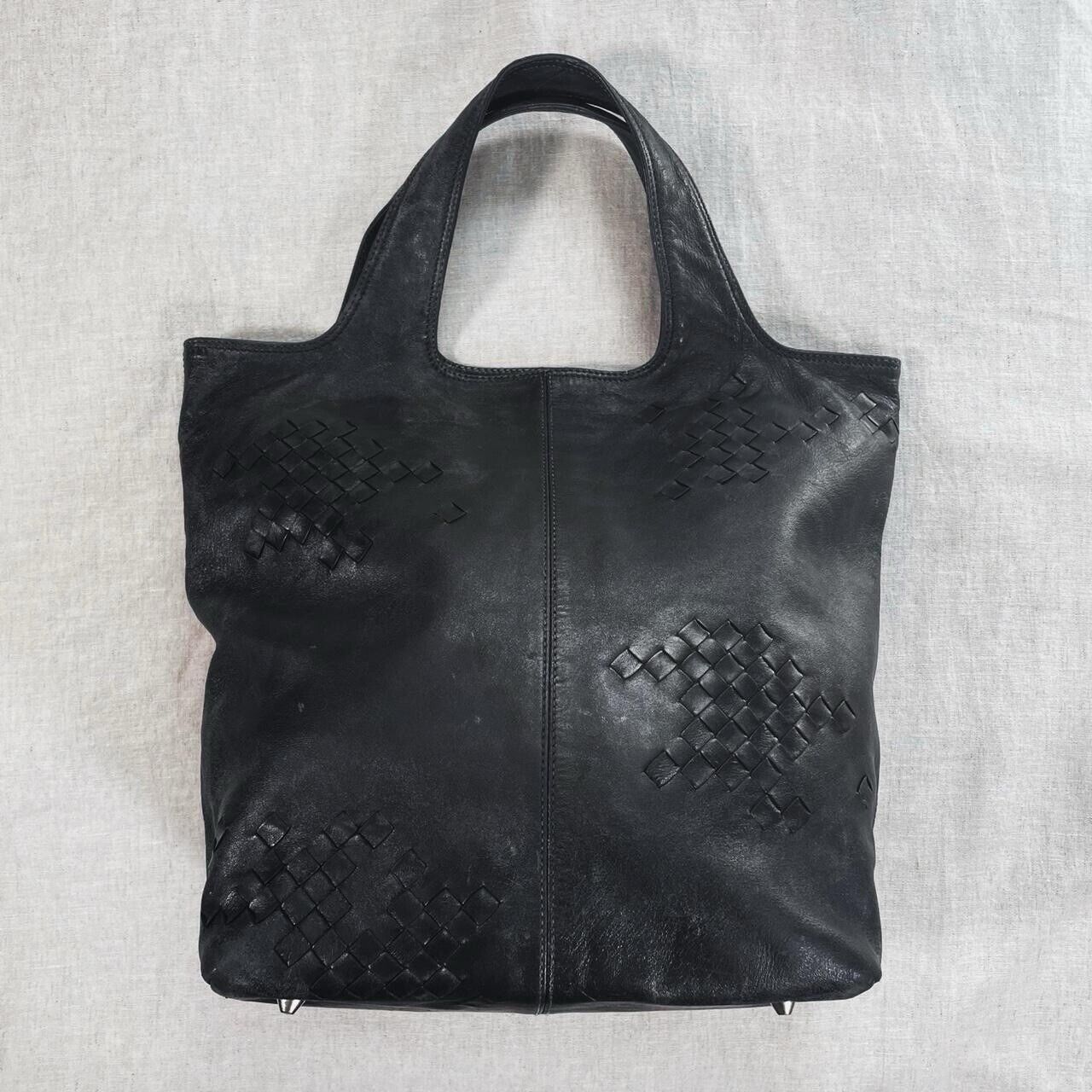 Vintage Bottega Veneta Black Intrecciato Braided Bucket Tote Leather Bag