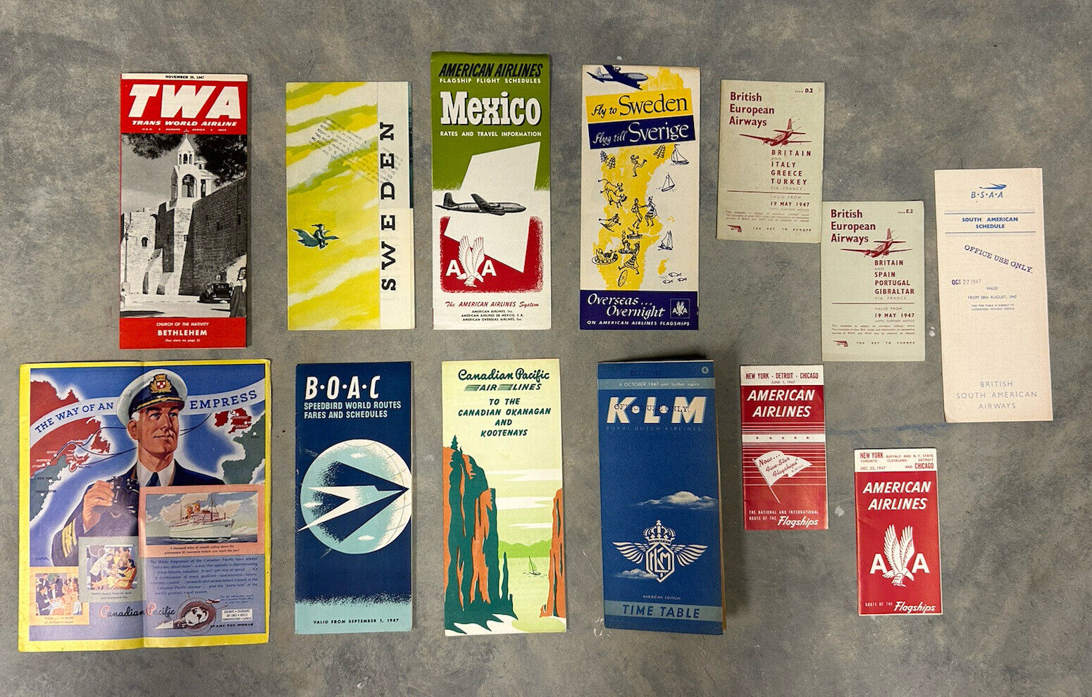 Lot of 13 1947 Airline Timetables/Brochure
