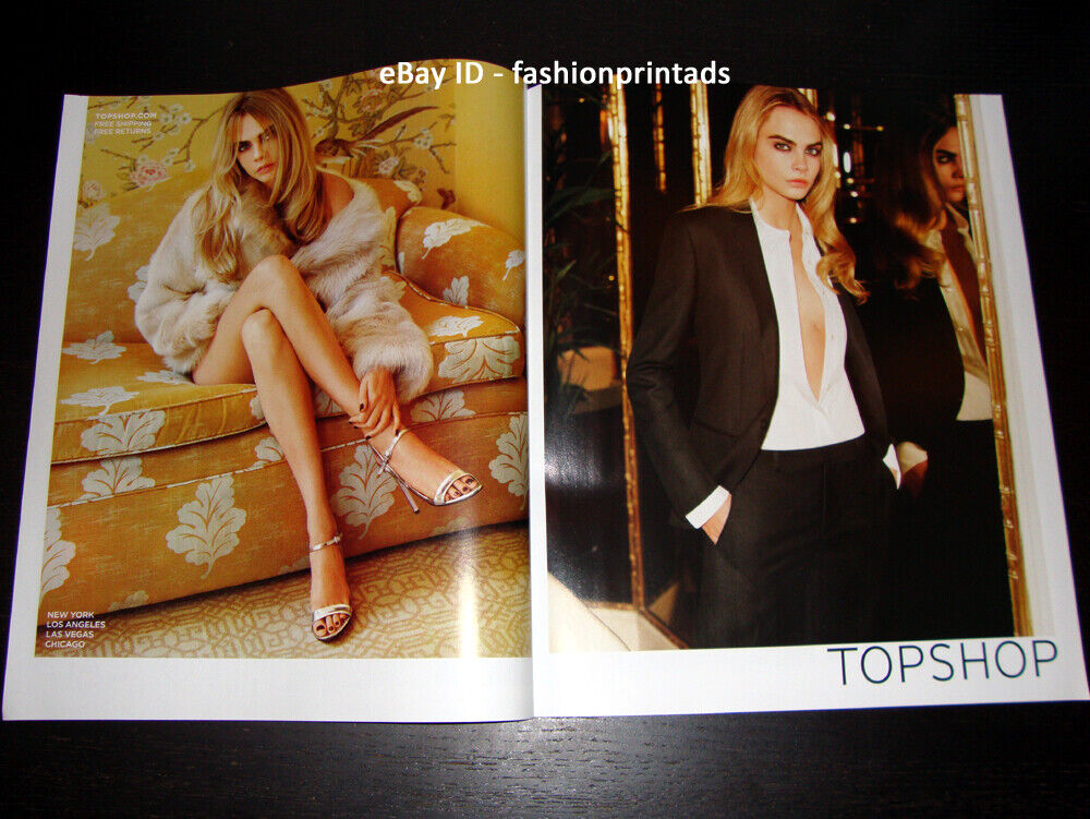 TOPSHOP 2-Page PRINT AD Fall 2014 CARA DELEVINGNE woman\'s long legs ankles feet