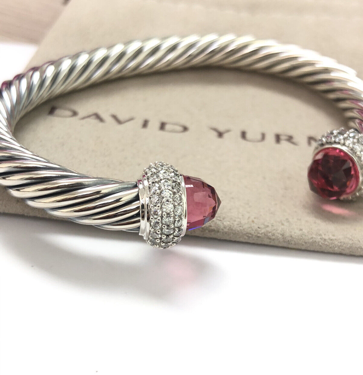 David Yurman 7mm Cable Candy Cuff Bracelet 925 Silver Tourmaline & Diamond Sz M