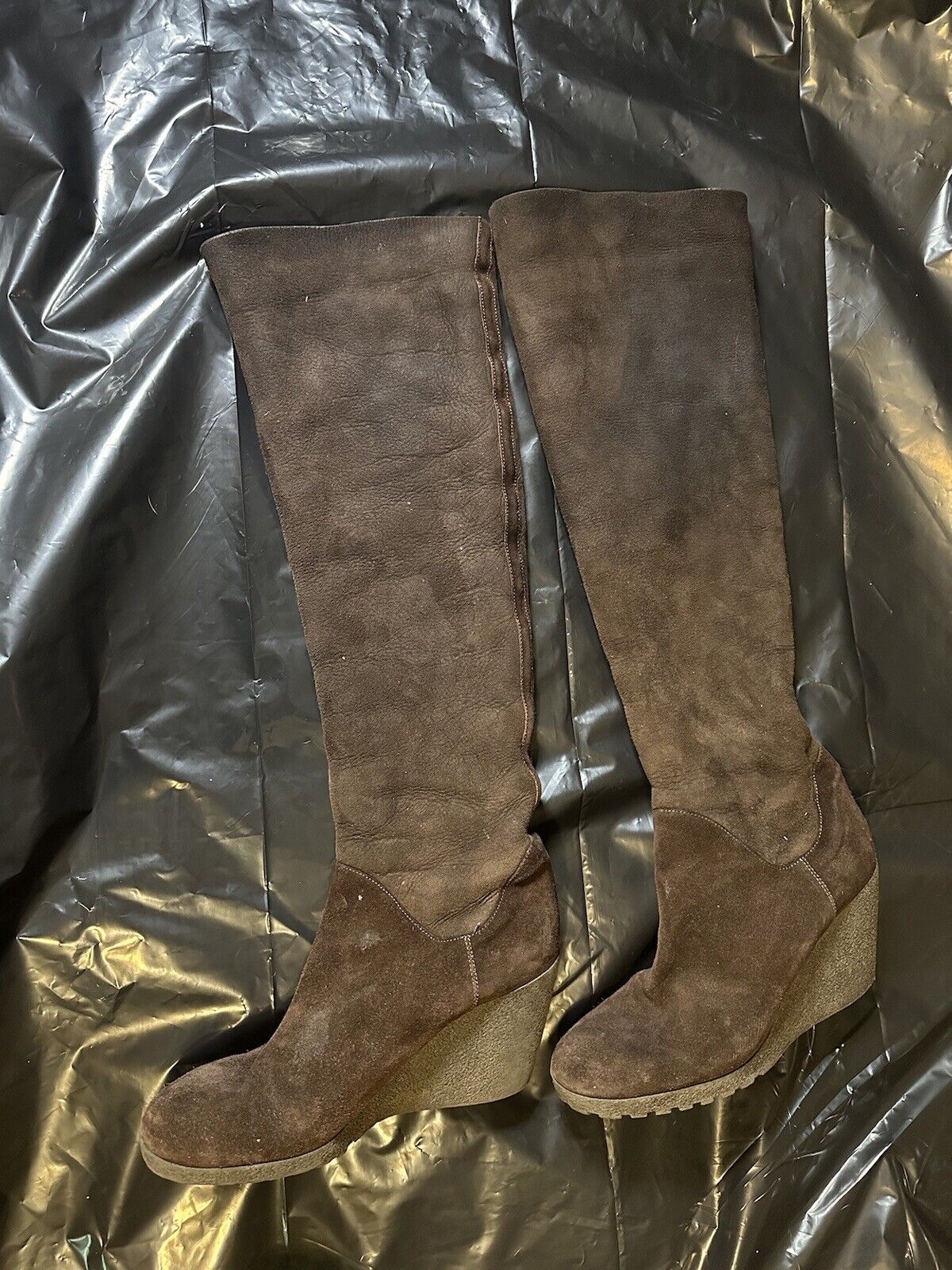 Fendi Brown Suede And Shearling Fur Wedge Knee High Boots Size 40 Preowned