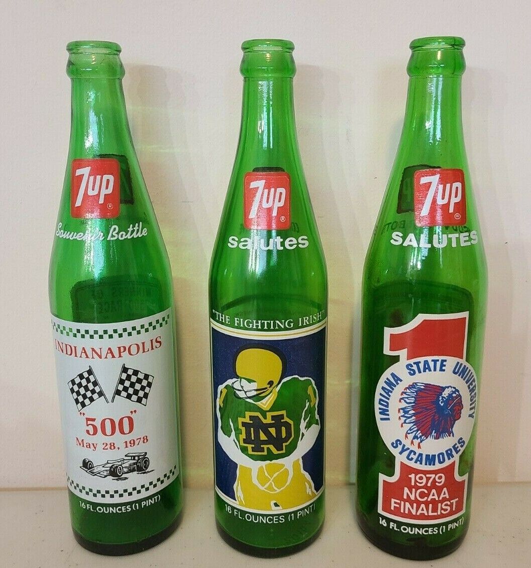 Vintage 7up Bottles Indiana State1979 Notre Dame Irish Indianapolis 500 1978