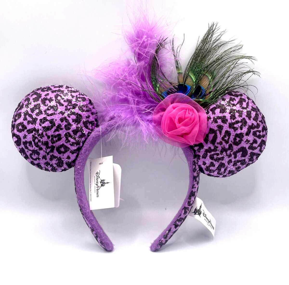 RARE Disney Parks Minnie Mouse Ears Purple Cheetah Sequin & Feathers * NWT