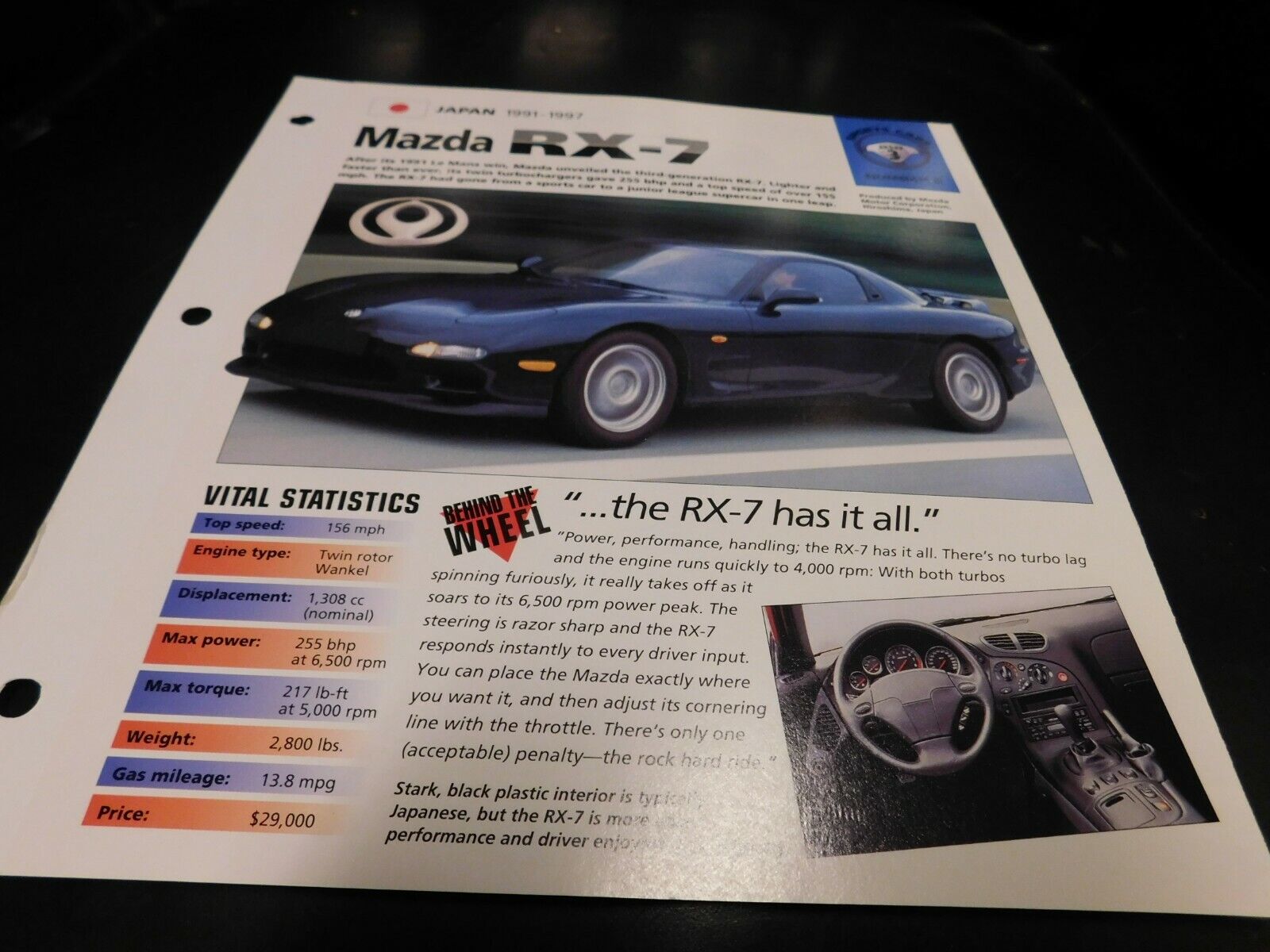 1991-1997 Mazda RX-7 Spec Sheet Brochure Photo Poster 92 93 94 95 96