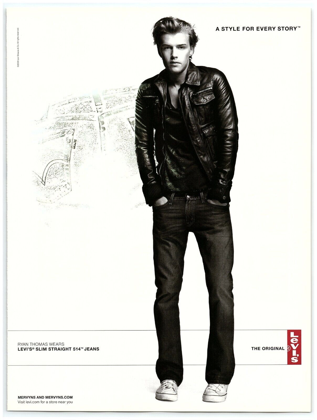 2006 Levi\'s Print Ad, Slim Straight 514 Jeans, Ryan Thomas, Black Jacket, Denim