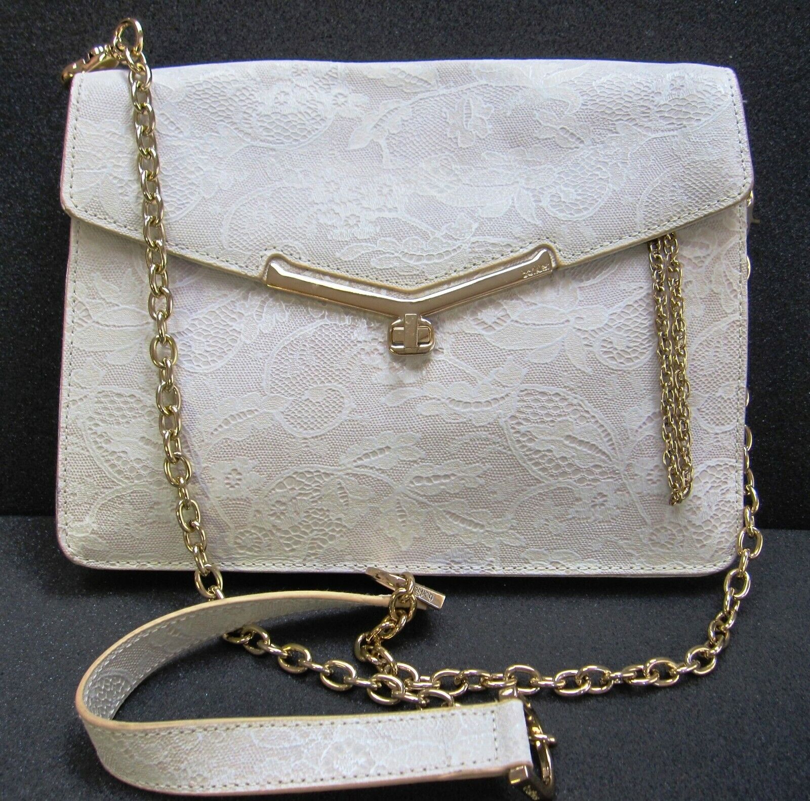 Botkier White Lace Leather Cross body Clutch Bag Handbag Goldish Hardware Chain 