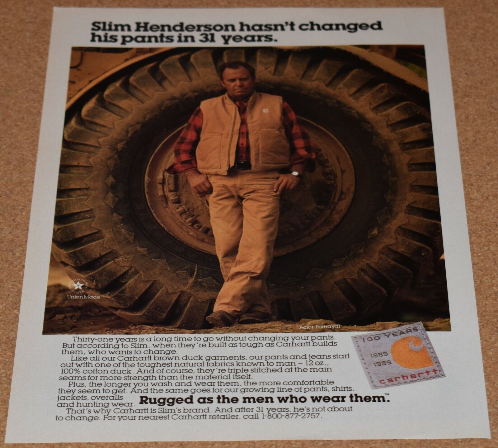 1989 Print Ad Slim Henderson hasn\'t changed his pants in 31 years Carhartt man 