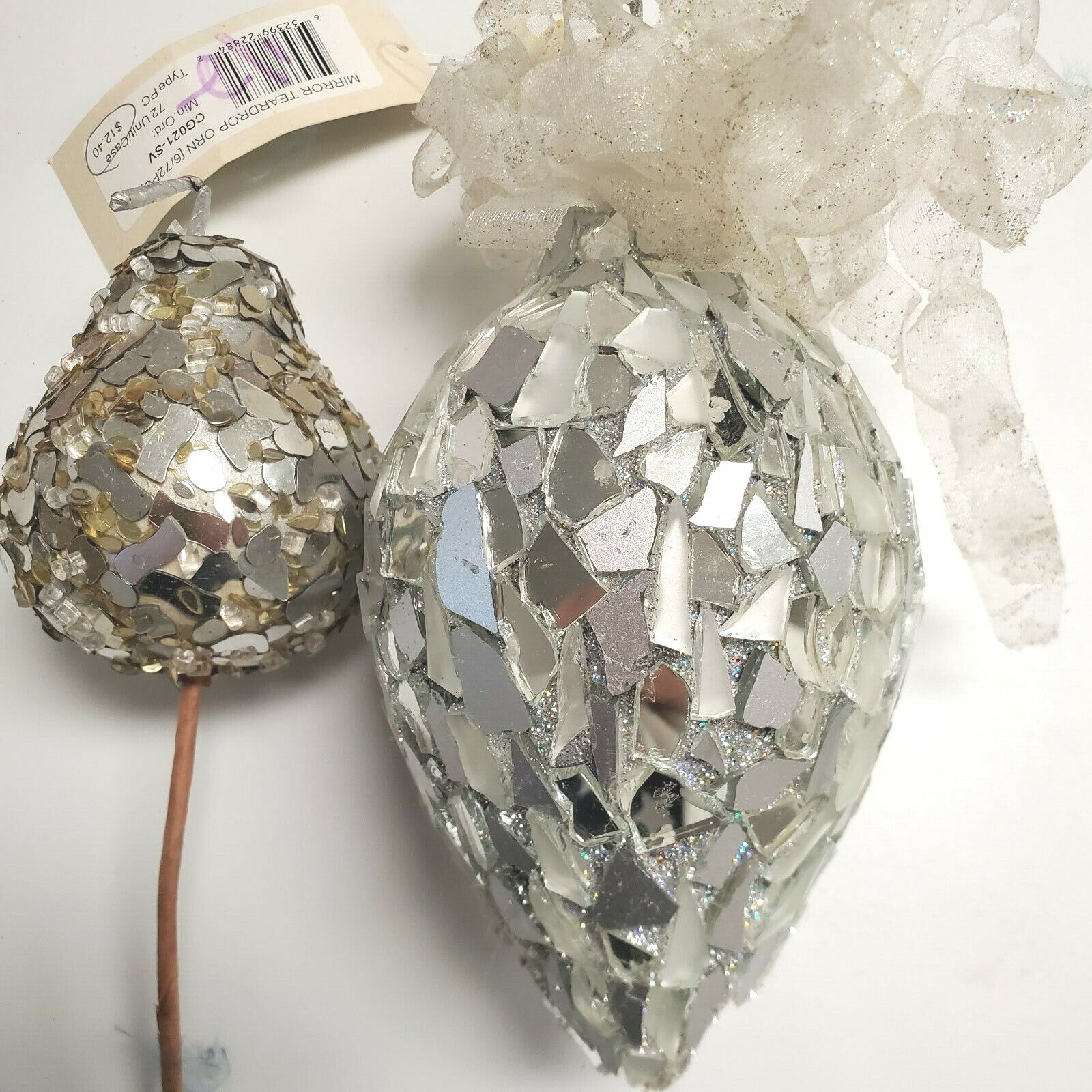 2 Broken Glass Encrusted Silver Ornament Small Silver and Gold Ornament