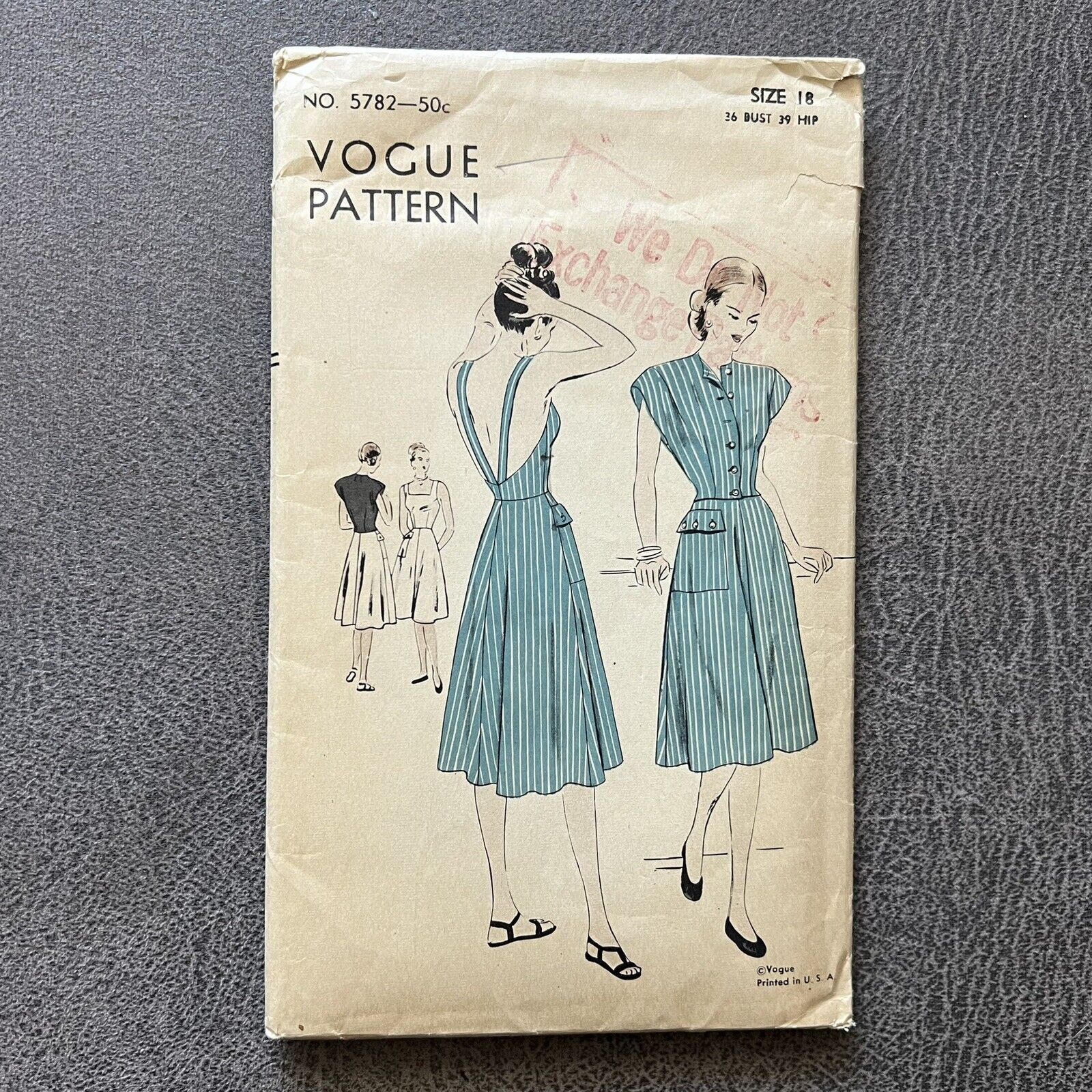 1940s Vogue Vintage Sunback Dress Jacket Pattern 5782 Sz 18/36 Factory Folded