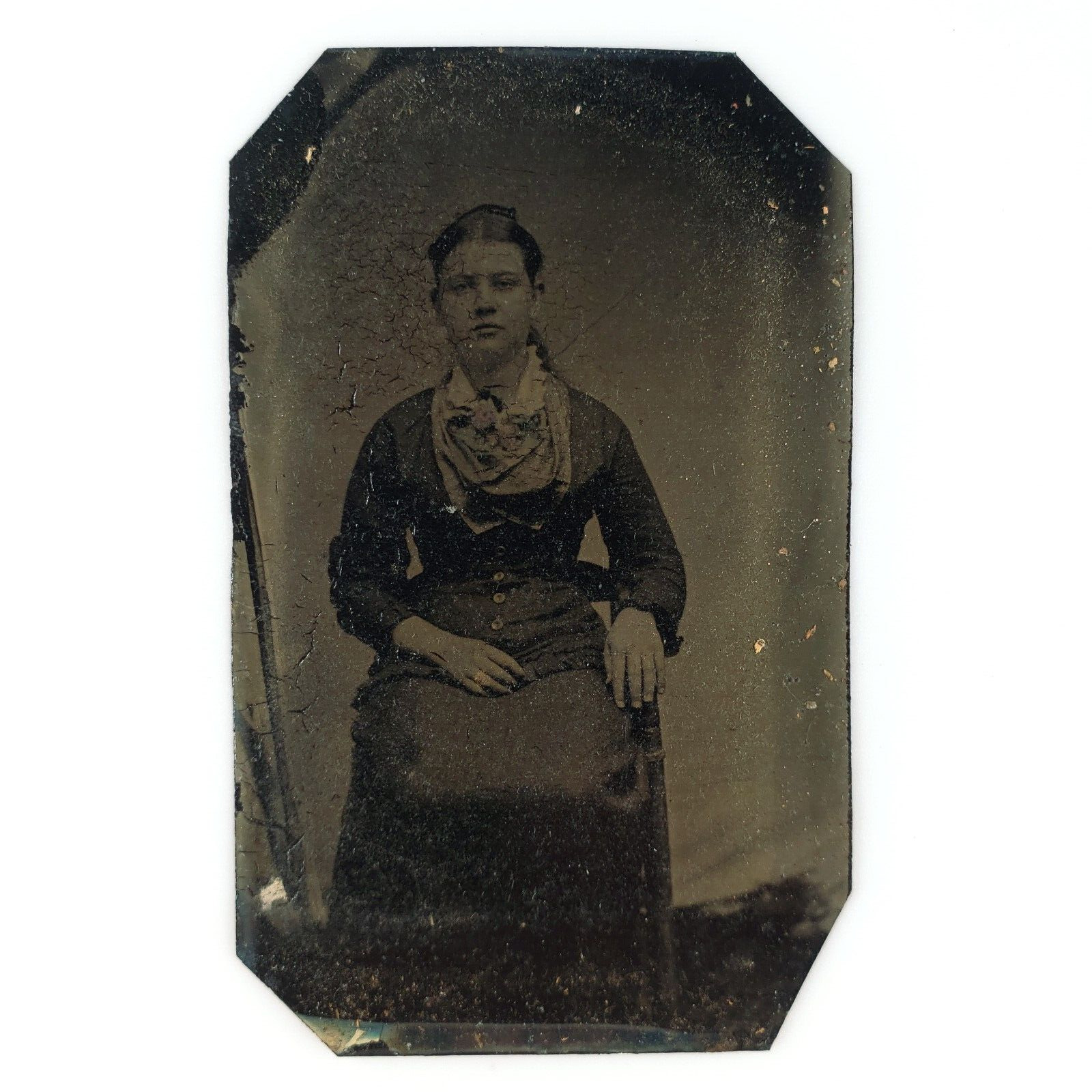 Pretty Girl Wearing Scarf Tintype c1870 Antique Woman 1/6 Plate Photo A3824