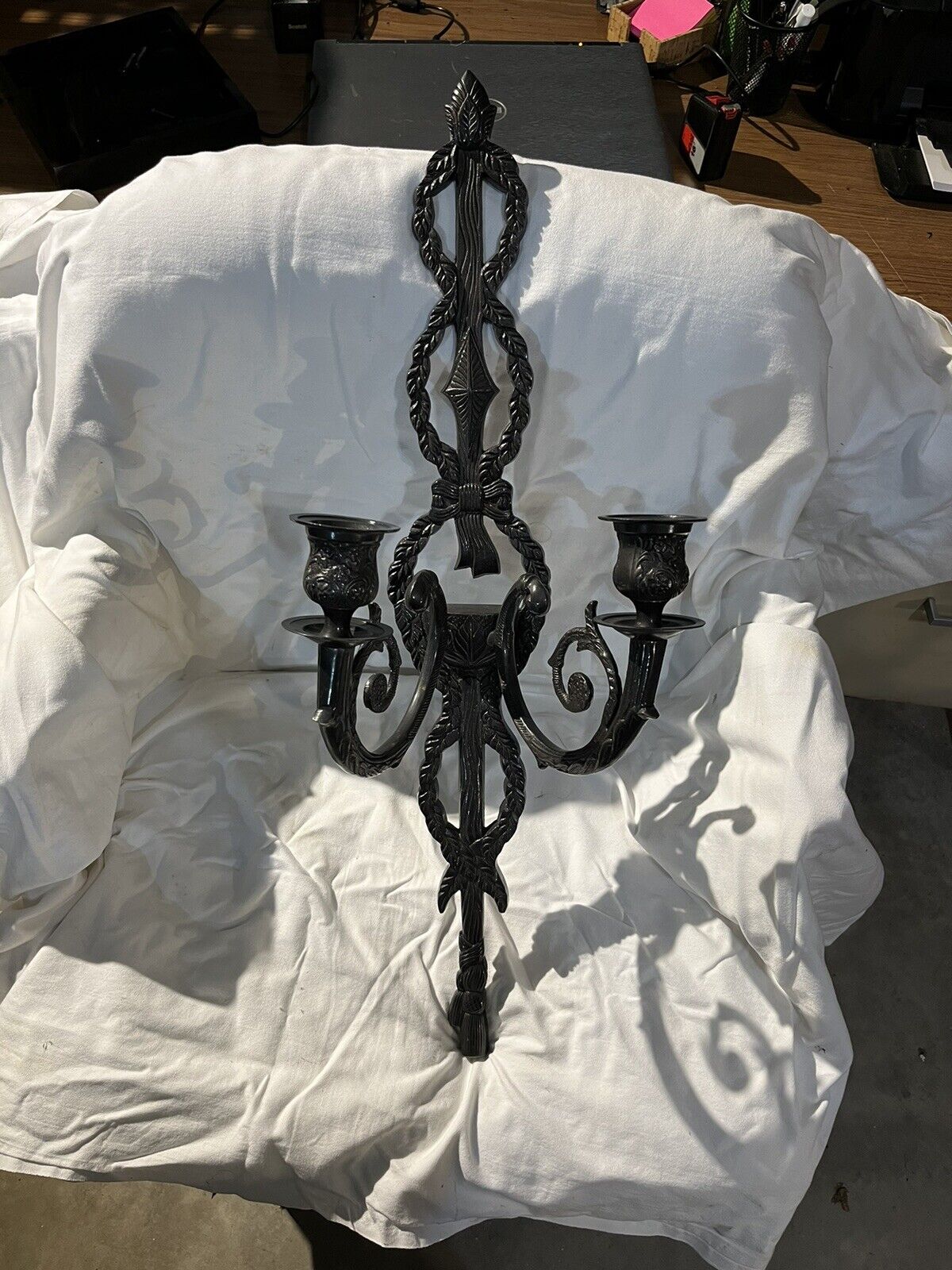 Vintage Gothic Cast Metal Double Candle Long Wall Sconce