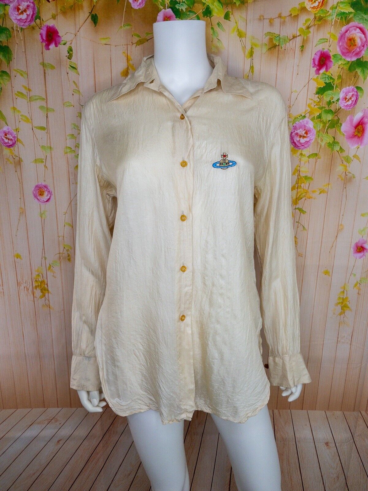 Vivienne Westwood Vintage Silky Shirt Ivory Logo Long Sleeve Blouse Top Large