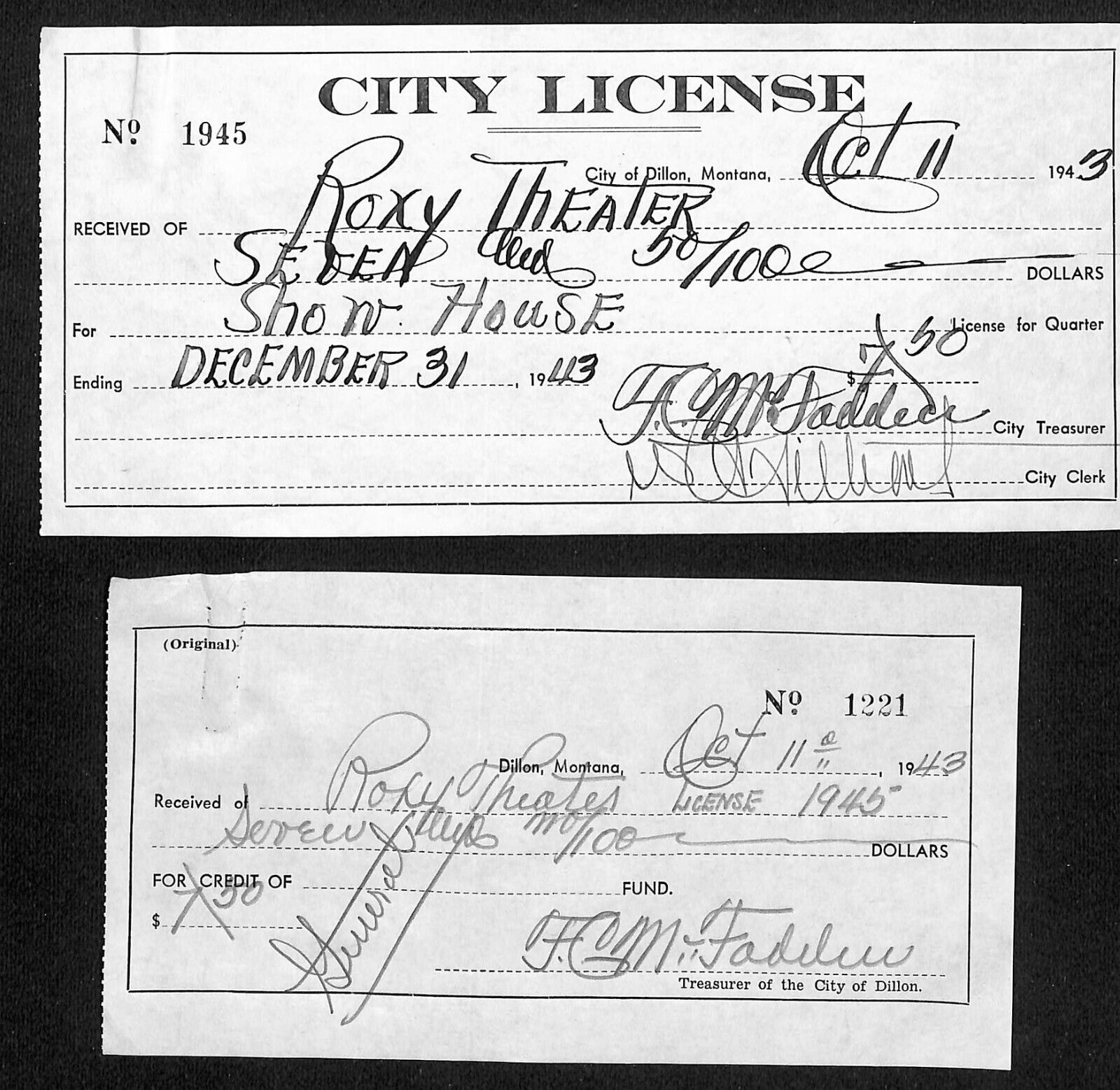 Dillon Montana Roxy Theatre City License 1943 + 1945 License Receipt