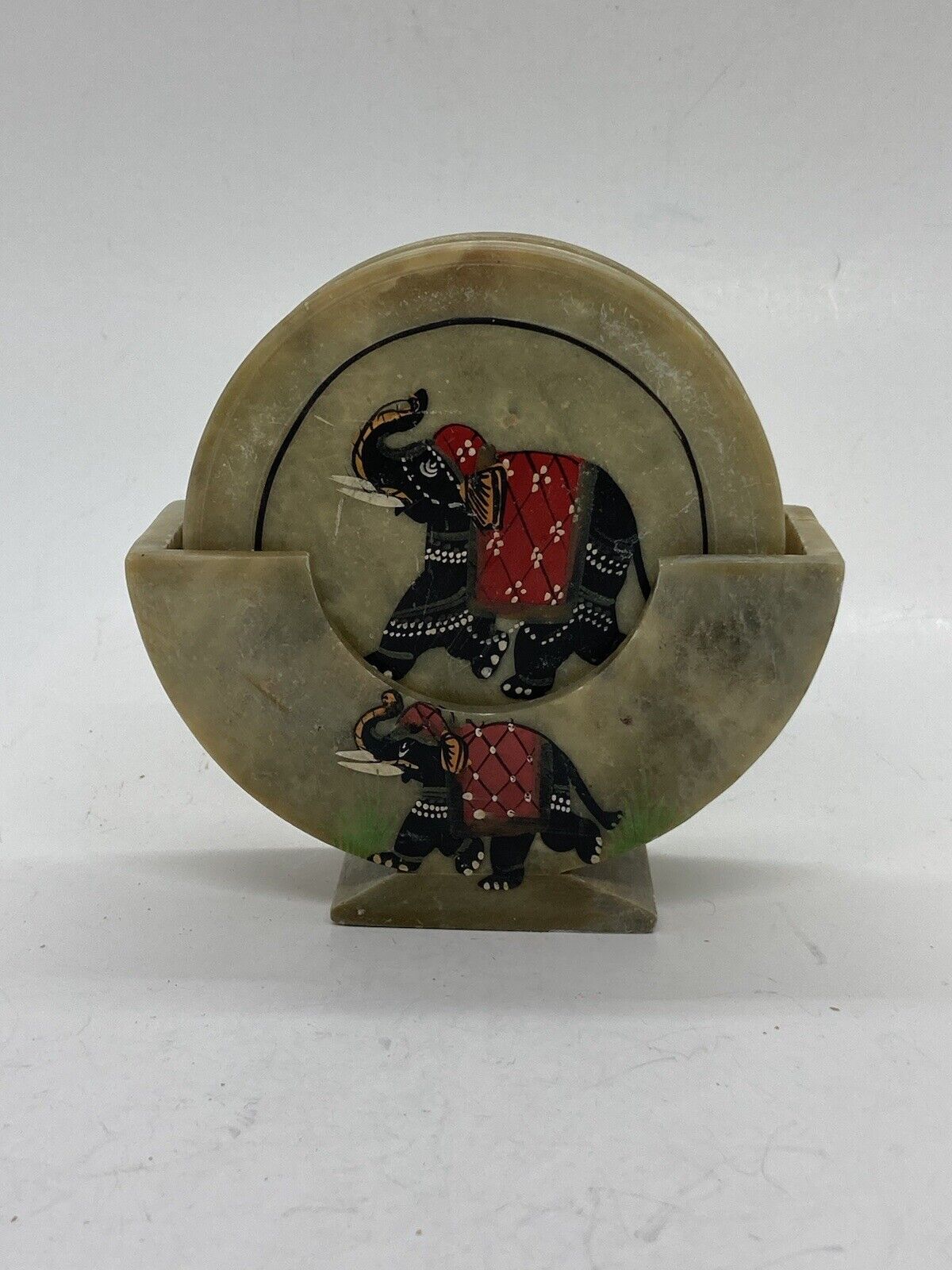 Rare 1970s Carved Marble Stone Coaster Set Elephant Painted Unique 31