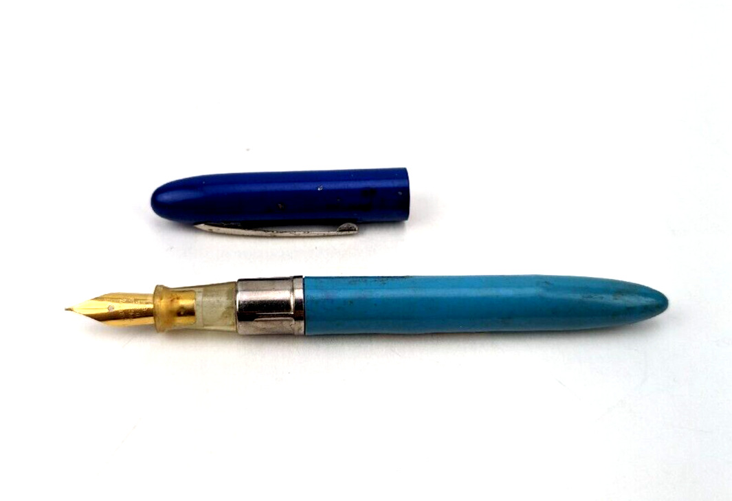 Vintage Blue Bakelite Fountain Pen Warranted Wing-Flow 14k Gold Signed 6 Nib #C2
