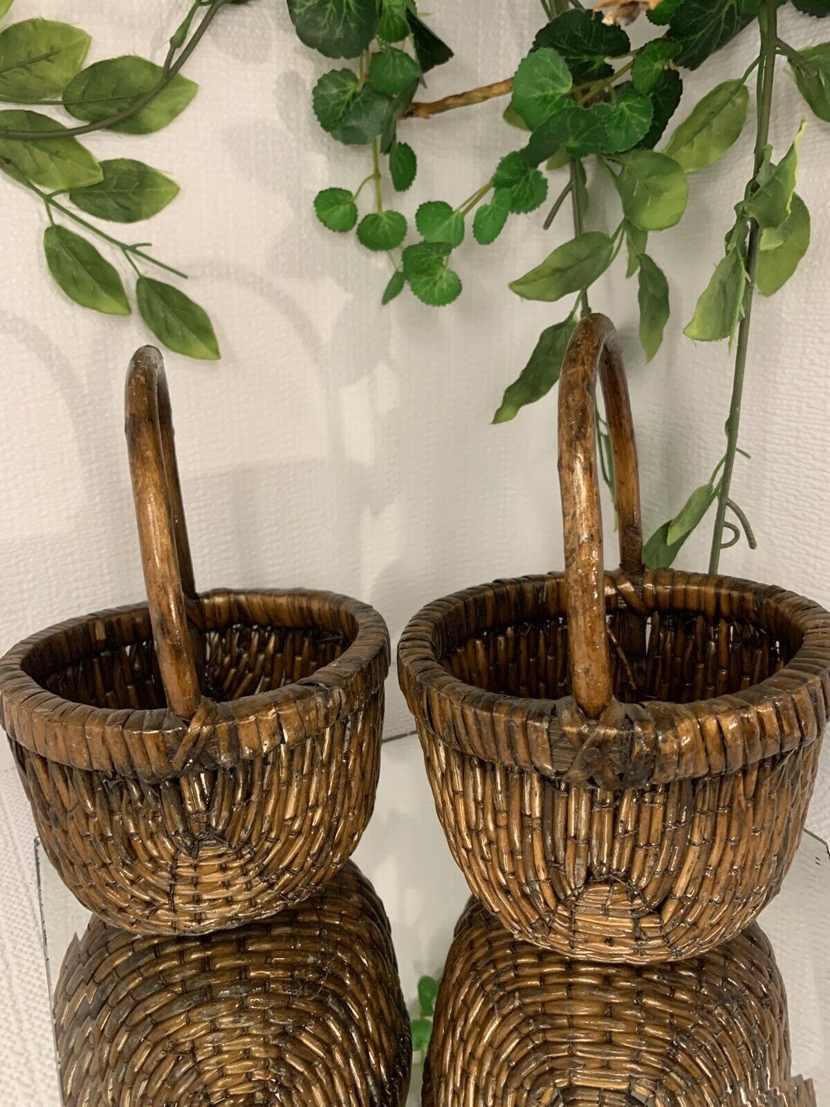 2 Small Brown woven baskets/bamboo with handles tightly woven made Well 7” Tall