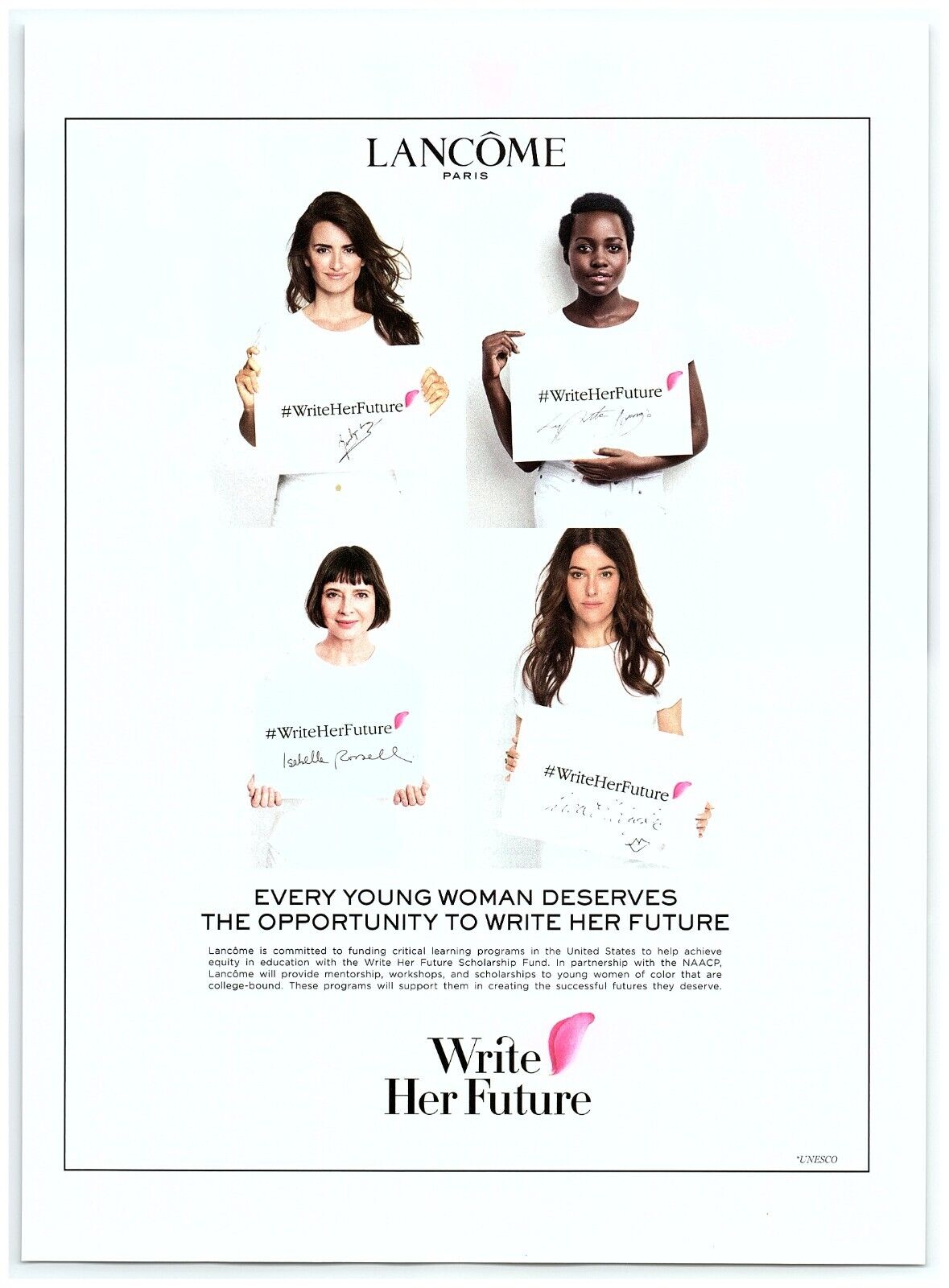 2021 Lancome Paris Print Ad, #WriteHerFuture Penelope Cruz Isabella Rossellini