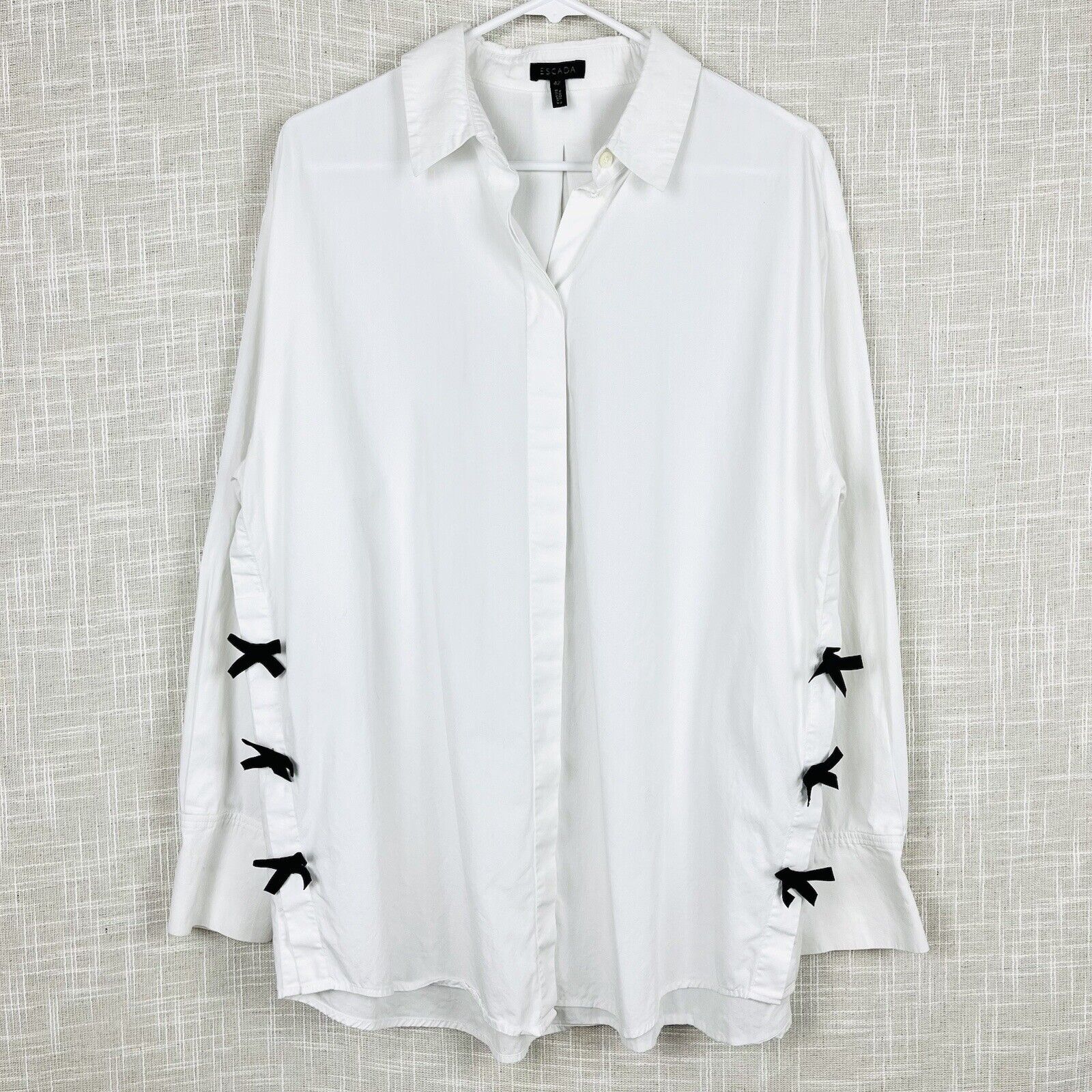 Escada White Cotton Black Bow Trim Buttondown Long Sleeve Tunic Top 42 Large