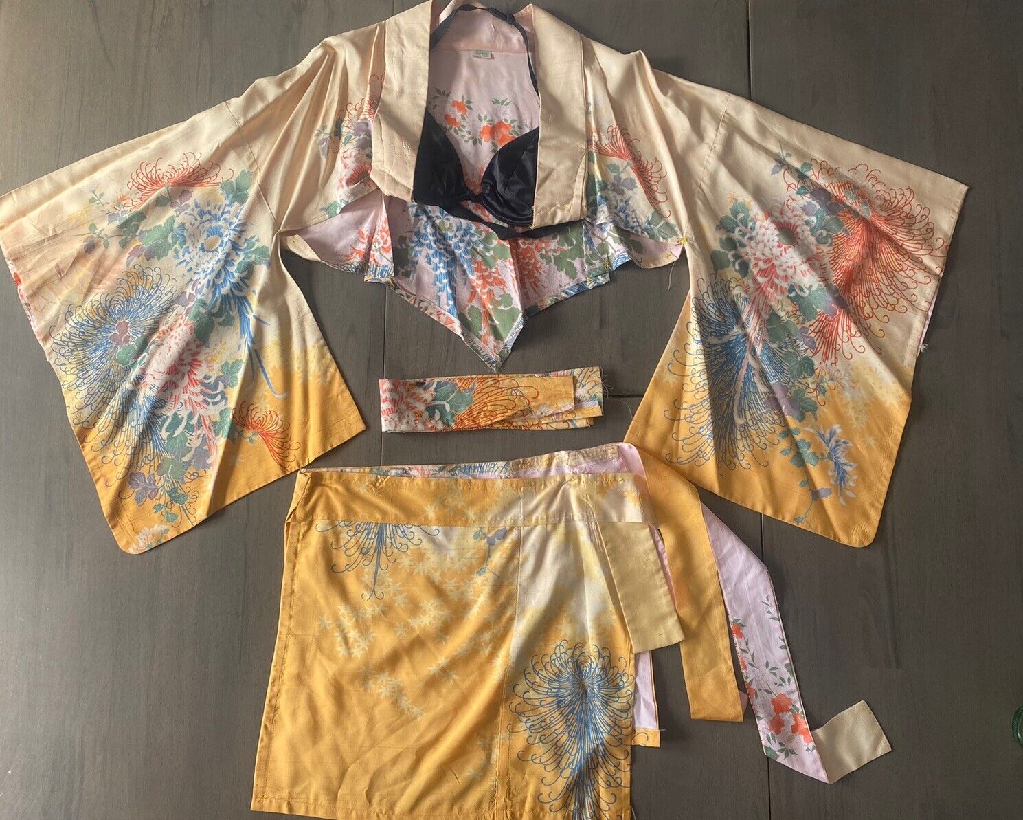 Vintage 100% Silk Made in Japan Altered Two Piece Floral Yellow Kimono