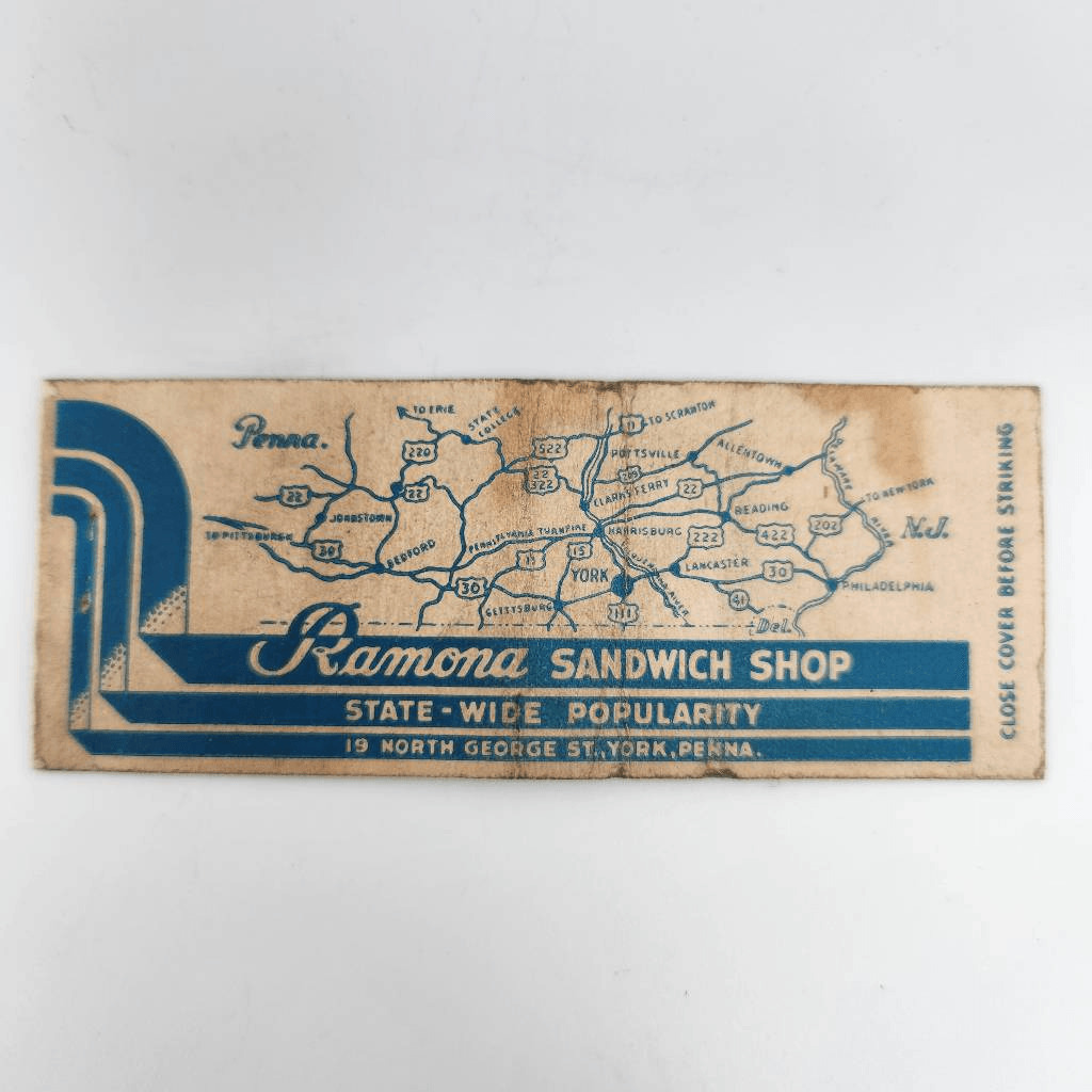 Vintage Bobtail Matchcover Ramona Sandwich Shop York Pennsylvania 19 North Georg