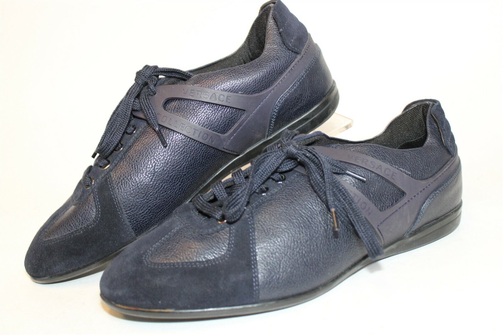 Versace Collection Mens 44 11 Dark Navy Leather Fashion Sneakers Lace Up Shoes