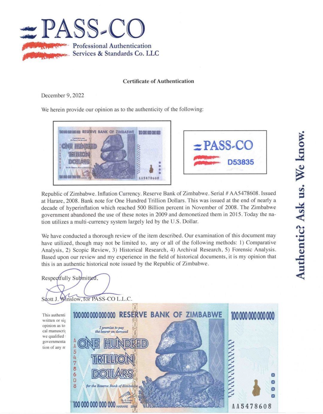AA Zimbabwe 100 Trillion Dollar Blue 2008 dated Note with PASS-CO AUTHENTICATION