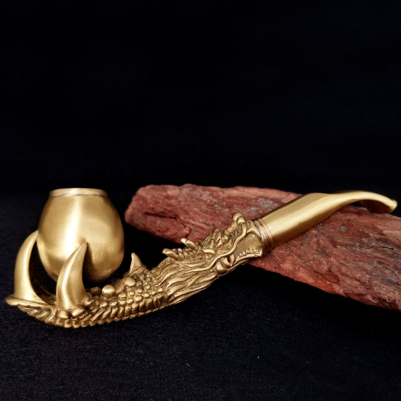 Vintage Pure Copper Dry Tobacco Pipe Exquisitely Carved Dragon Claw Tobacco Pipe