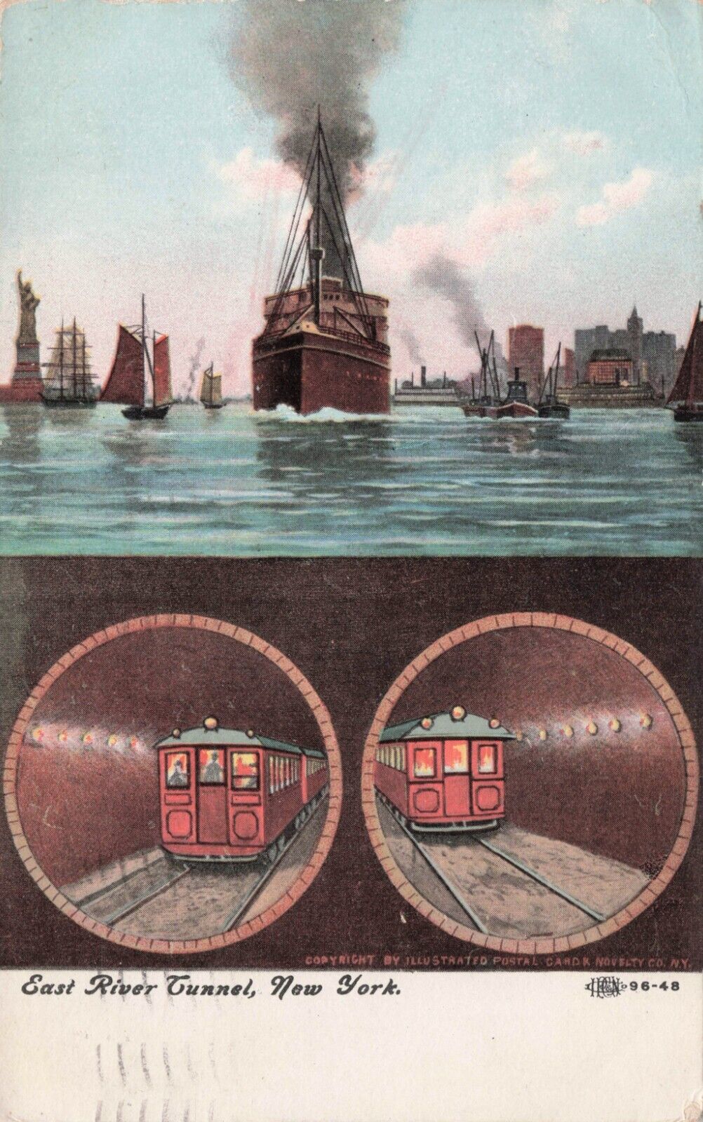 New York City, NY  East River Tunnel Early Subway Train Ship  Postcard 1908