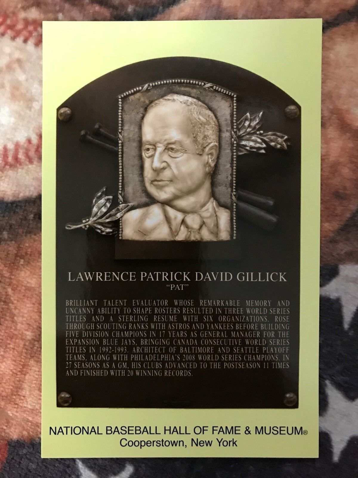 Pat Gillick Postcard- Baseball Hall of Fame Induction Plaque- Photo- Cooperstown