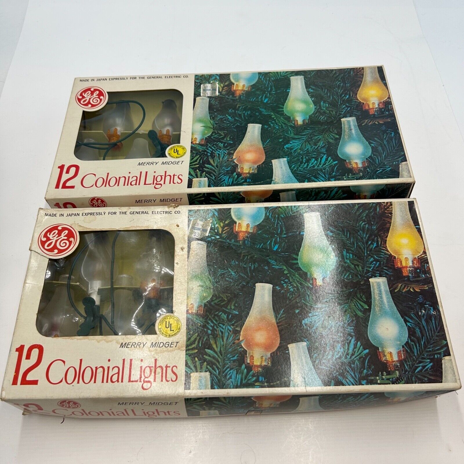 (2) Vintage GE Merry Midget Colonial Lights 12-Count Chimney design color lights