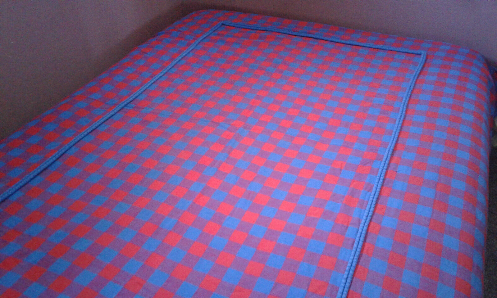 vintage bedspread Sears checkerboard blue/red twin size with trim