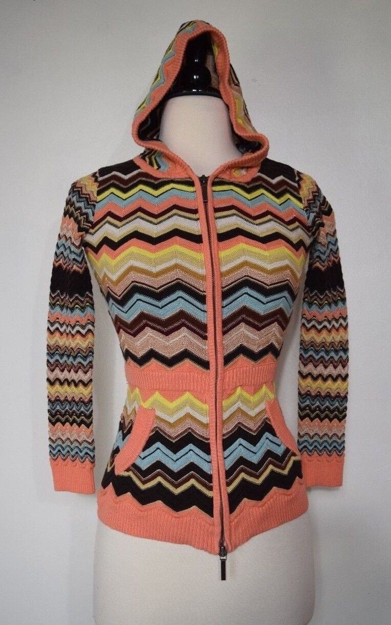 Missoni Orange Chevron Knit Hoodie Sweater Zipper Pockets Juniors Medium (M)