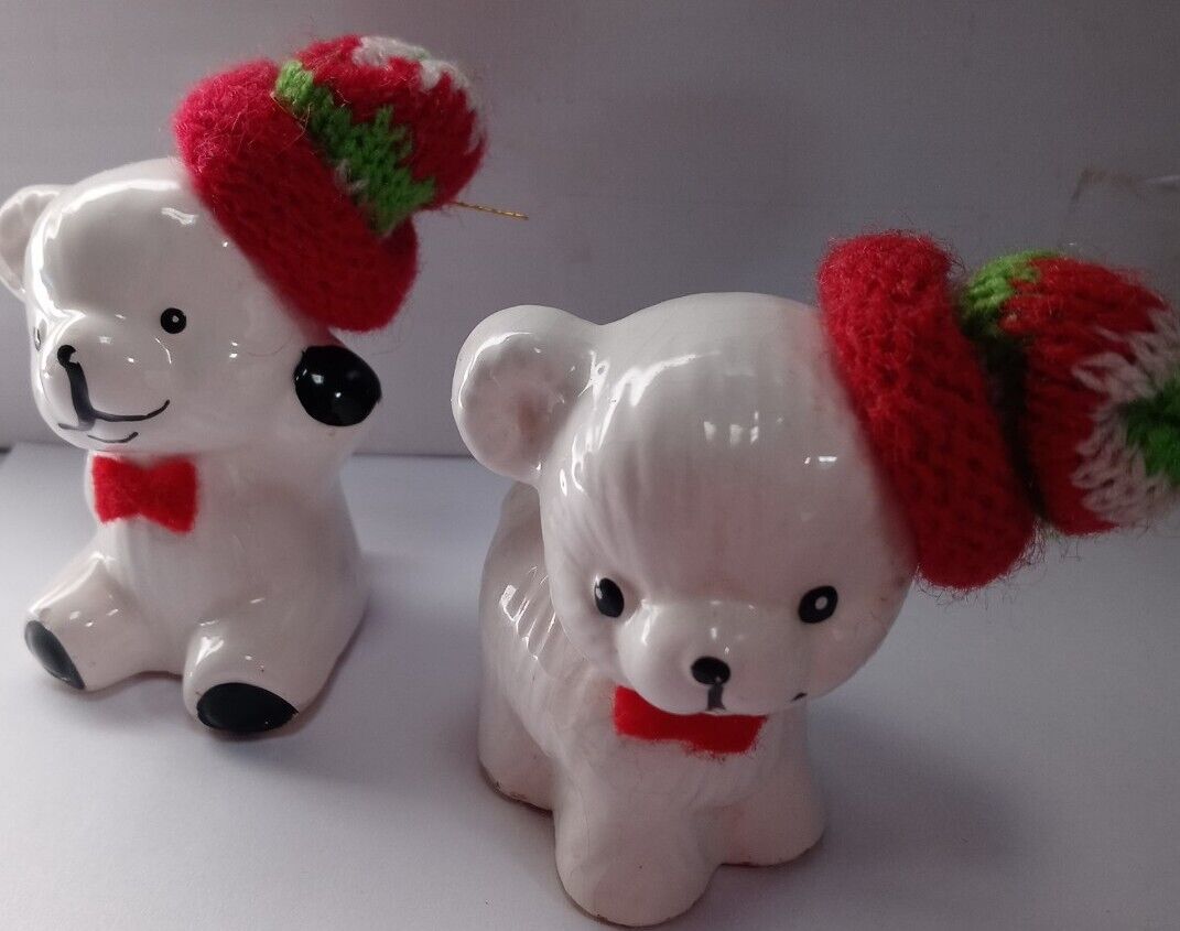 Vintage Hallmark Polar Bear Ornaments with Red & Green Knitted Hats Set of 2