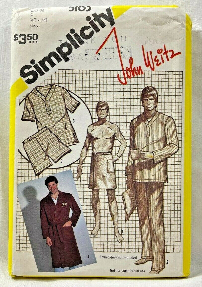 1981 Simplicity Sewing Pattern 5163 Mens John Weitz Sleepwear 42-44 Vintage 9176