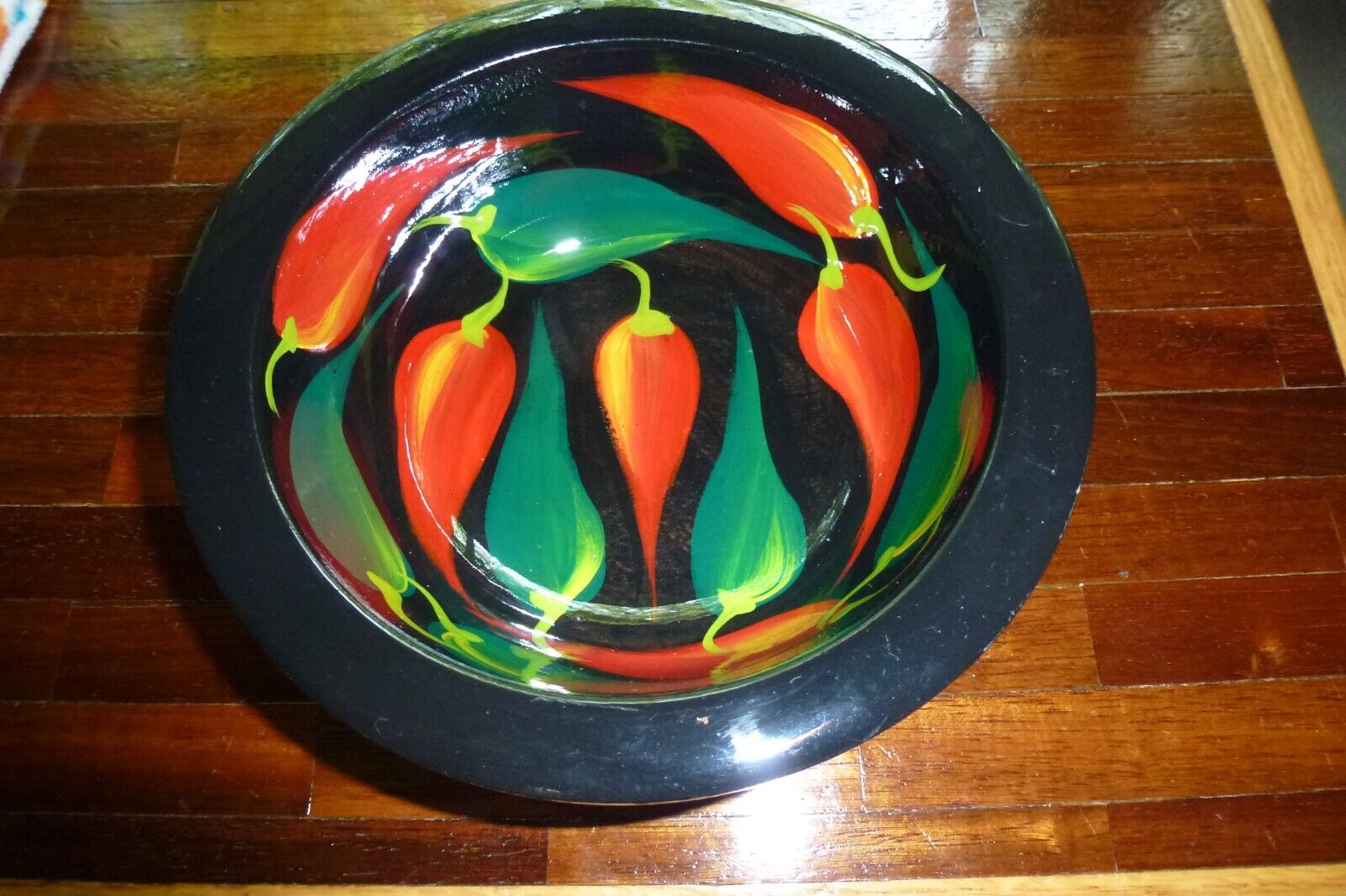Vintage ROBERTO RIOS Signed & Hand Painted Mexican Folk Art Wooden Bowl, Peppers