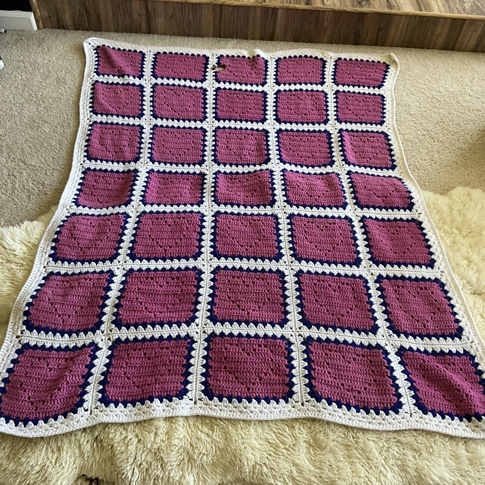 Vintage Handmade Crochet Blanket Granny Square Hearts Afghan 45” X 61”