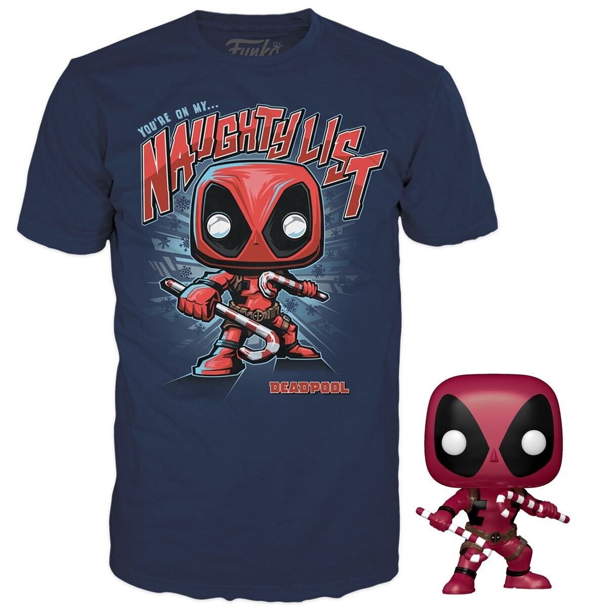FUNKO • DEADPOOL Naughty List w/Candy Canes Exclusive + T-Shirt (XL)  Ships Free