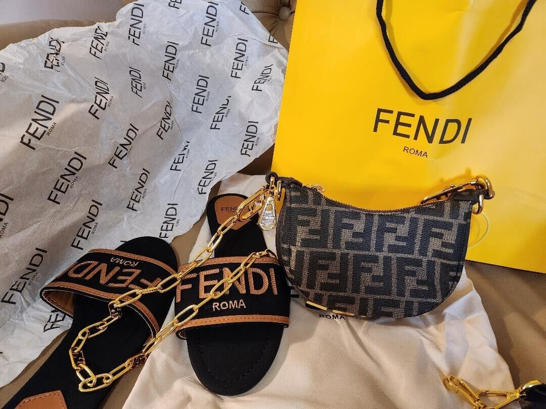 Fendi Roma FF Logo Bag & Flip Flop Sandals Shoes