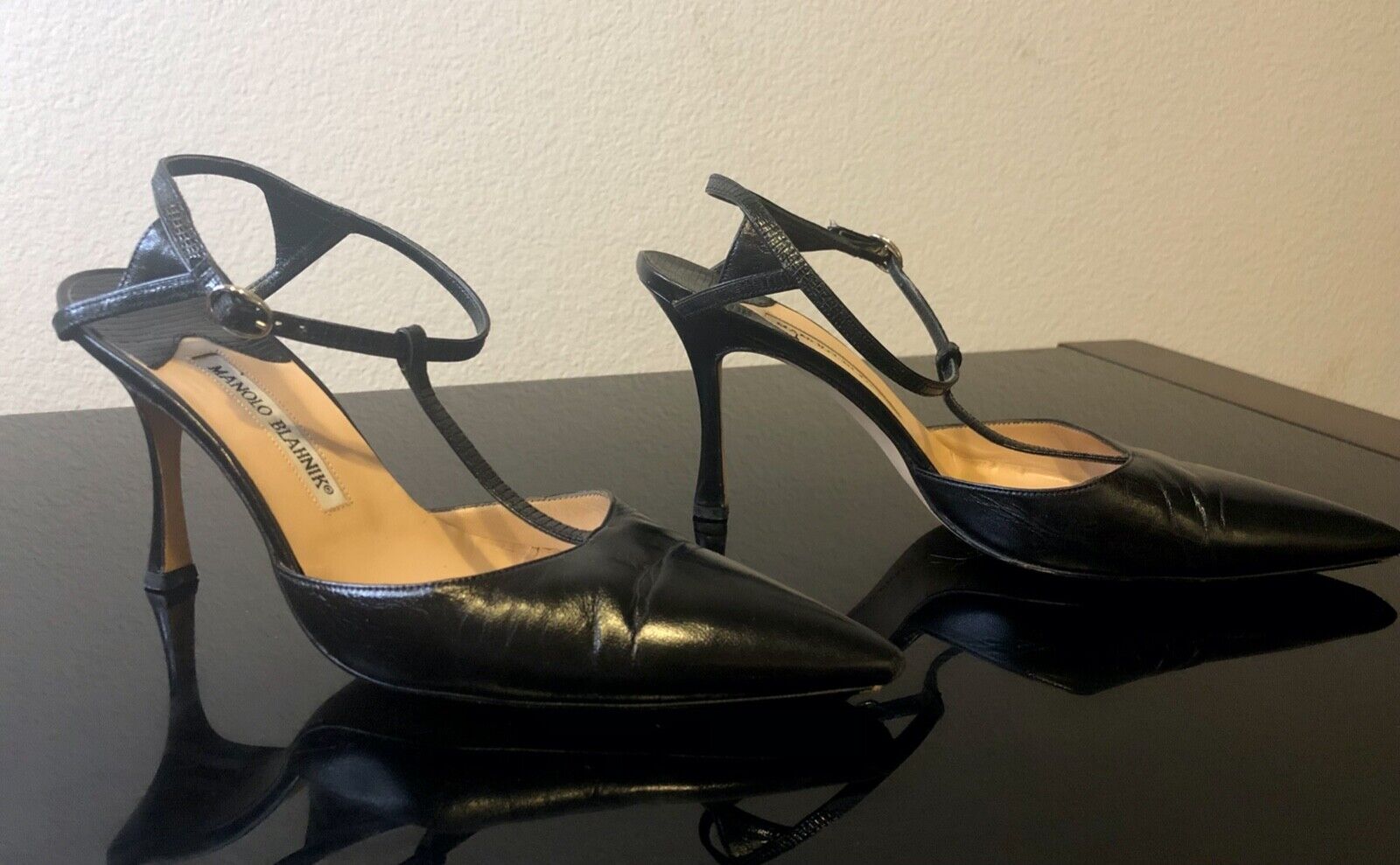 Manolo Blahnik black leather heels size 7.5