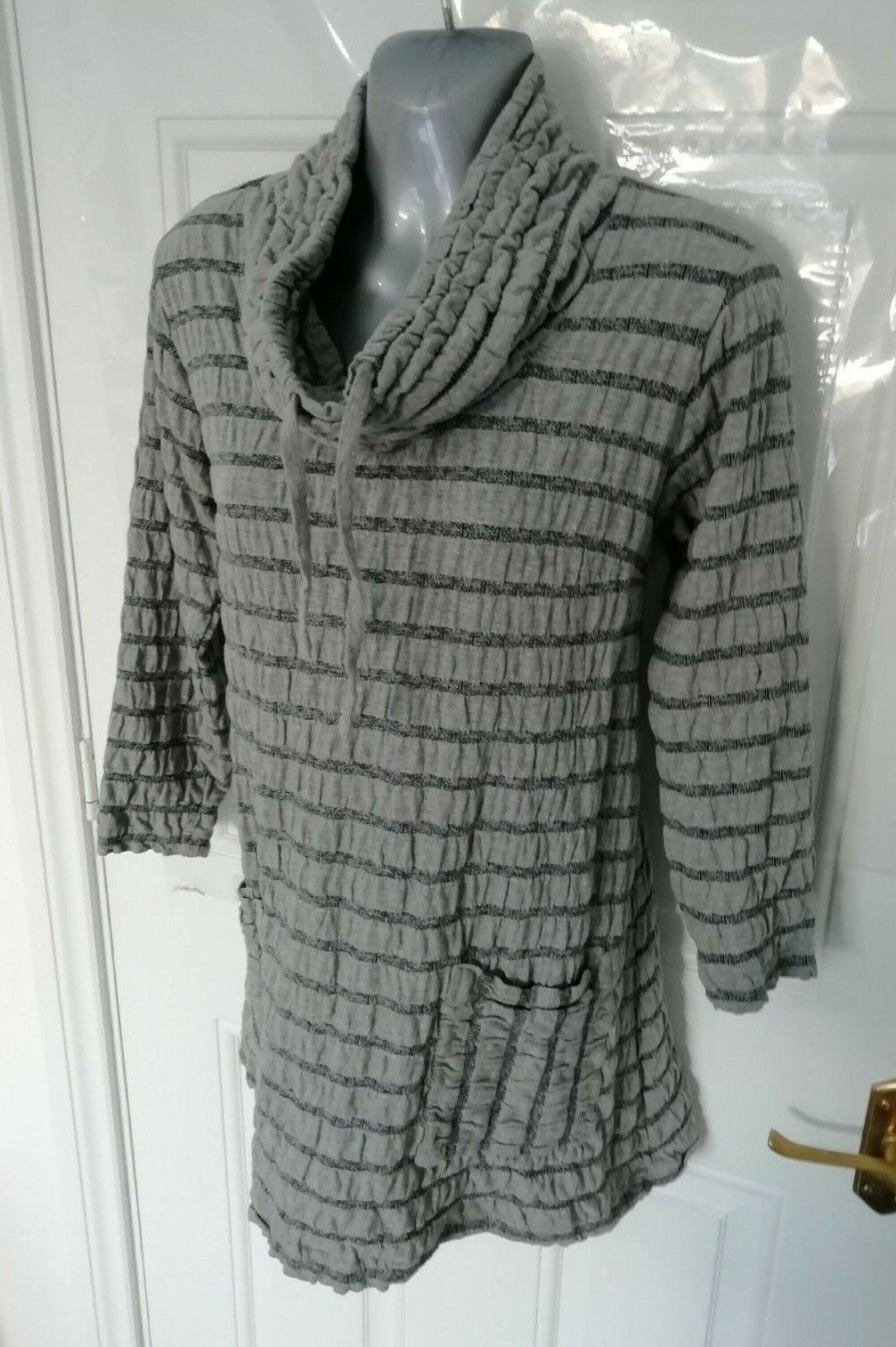 ADINI Size 10 (S) Two Tone Grey Ribbed Cowl Neck Tunic Jumper Top Pockets