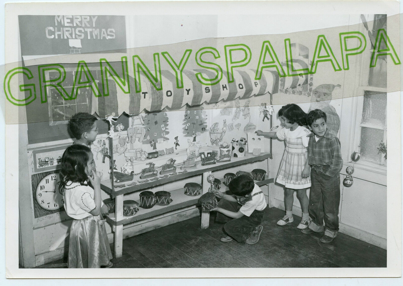 Vintage B/W Snapshot Type Photo-Children in Classroom, Christmas Toyshop 